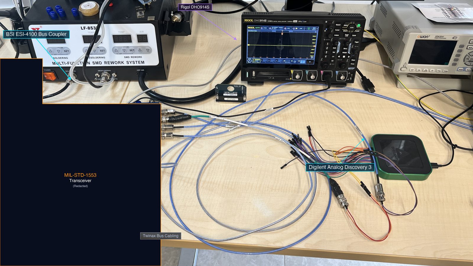 The WRAITH attack chain on the lab bench: a commodity oscilloscope captures bus voltage and replays it through a coupler, with an independent scope for verification.